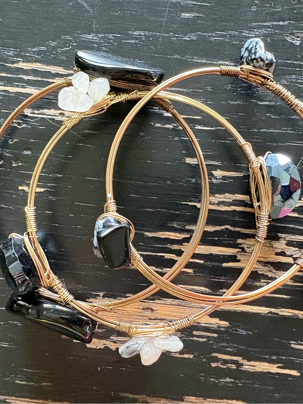 Gold-Tone Wire Hoop stacked Bracelet Set (3) with Black and Clear Bead Accents